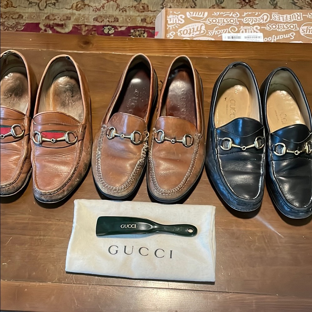 Lot of 3 pairs of men’s Gucci loafers. Size 10-1/2. Need cleaning and repairs.